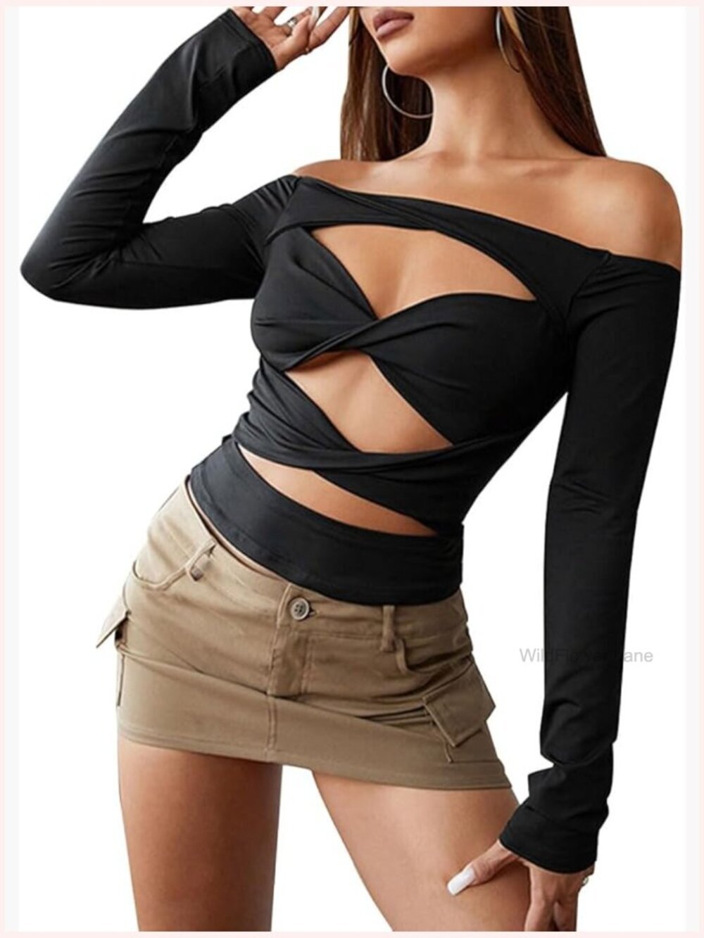 Cutout Long Sleeve Crop Top Ruched Bodycon Blouse